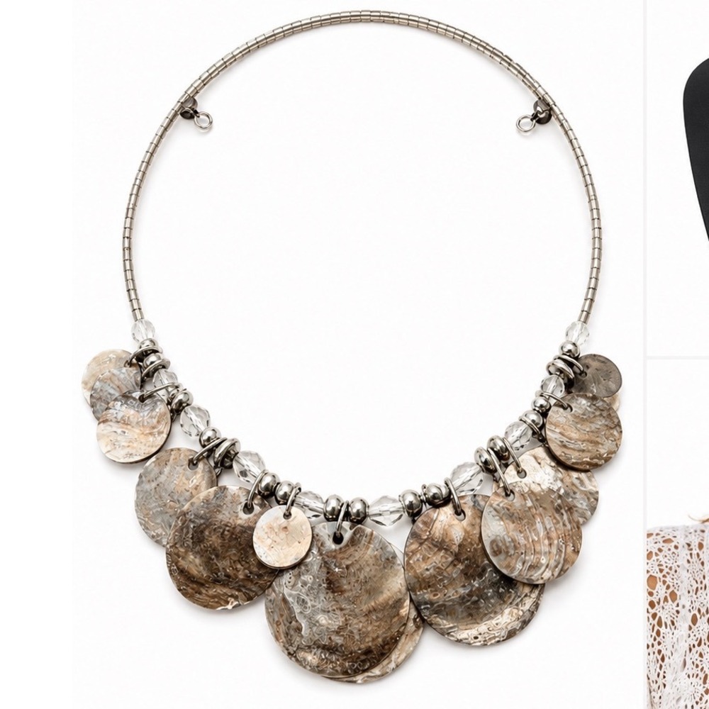 Shell Disc Necklace Collar Choker Crystal Beaded Neutral Statement Boho